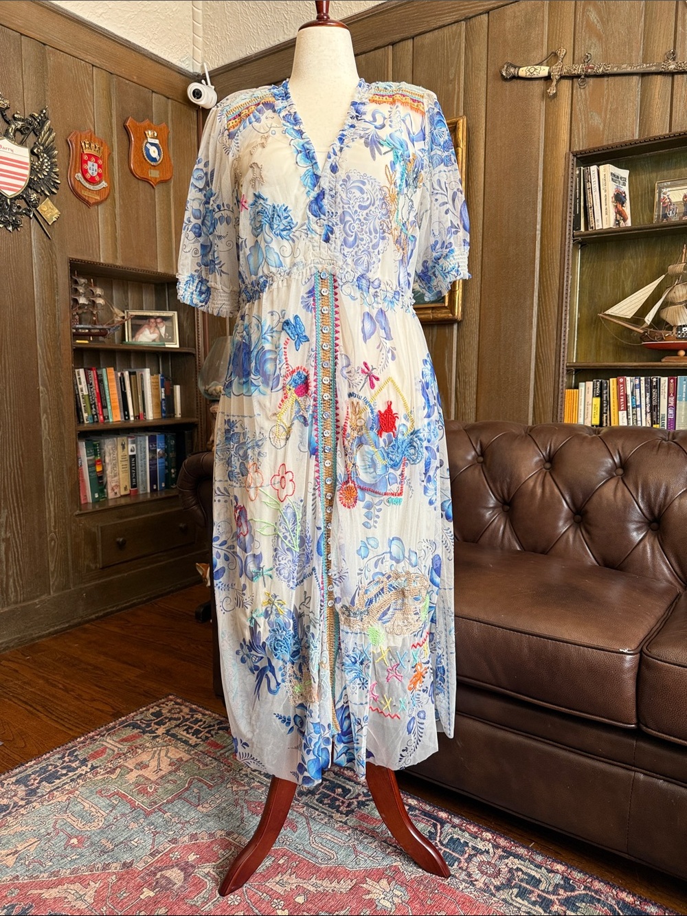 Johnny Was Mazzy Ruched Dress Farrowen Floral Midi Dress